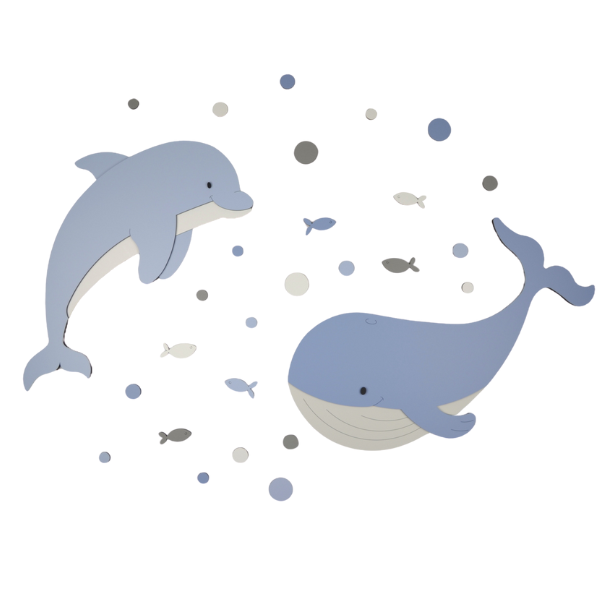 DIY-Dolfijn en walvis met visjes en luchtbellen - blank - zelf verven en verlijmen (100x100cm)